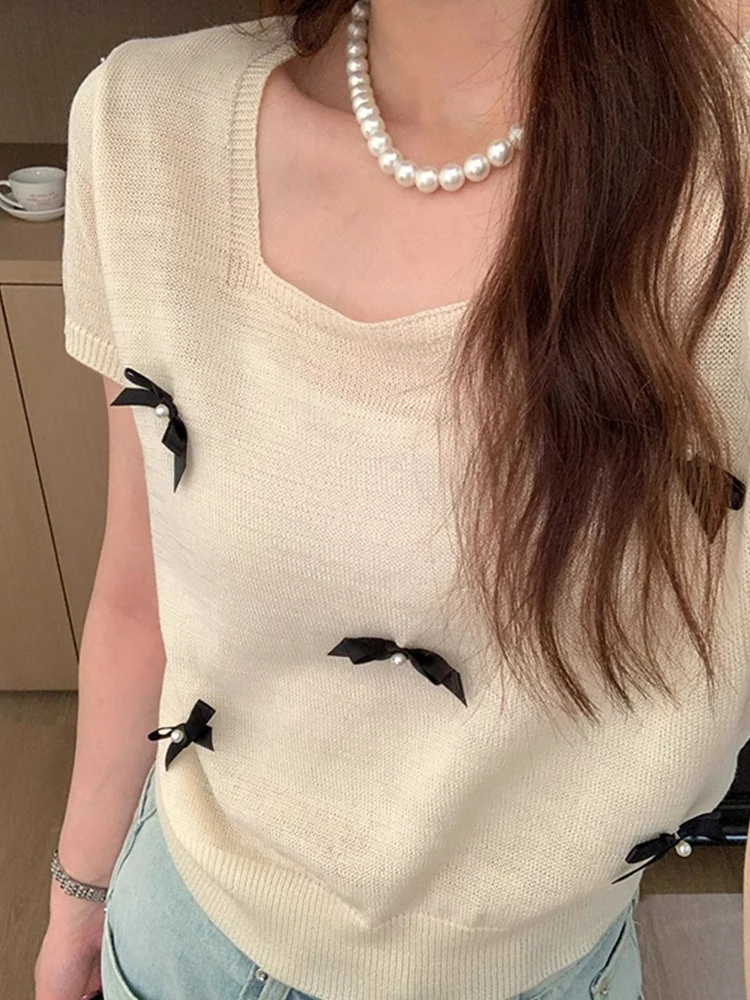 

Ele Knot Ice Silk Knitted Top Summer Sle Square Collar Women's Base Layer irt Agel Versatile Korean Loos...