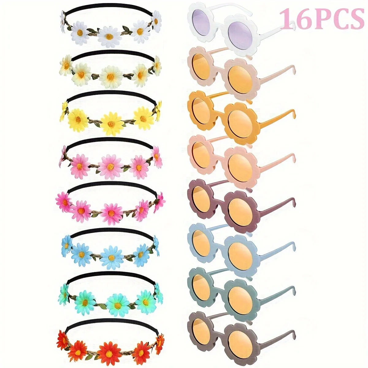 

8 Colorful Daisy Flower Hairbands + 8 Daisy Flower Glasses for Festivals, Weddings and Party Floral Accessories