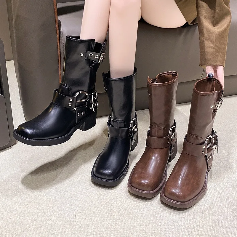 

Women's Mid Calf Boots Fashion Belt Buckle Knight Boots Luxury Casual Leather Boots for Women Western Cowboy Boot Platform Botas