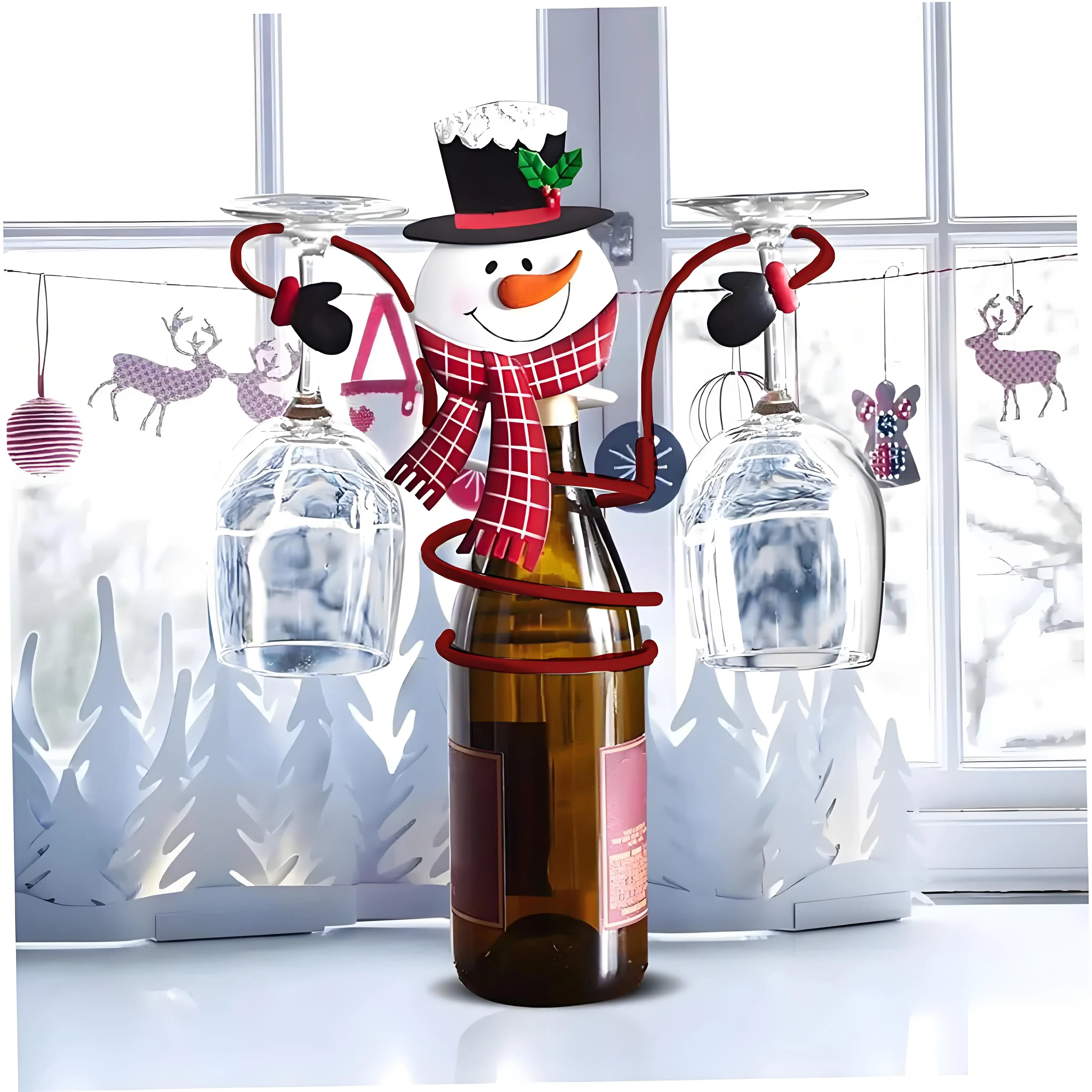 Festive Snowman Wine Bottle Holder, Metal Rack Holds 1 Bottle & 2 Glasses - Christmas Party & Home Bar Decor