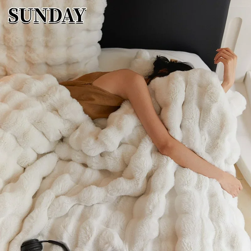 Bubble Faux Fur Blanket for Sofa Living Room Winter Warm Fluffy Plush Throw Blanket Luxury Couch Cover Pillowcase Christmas Gift