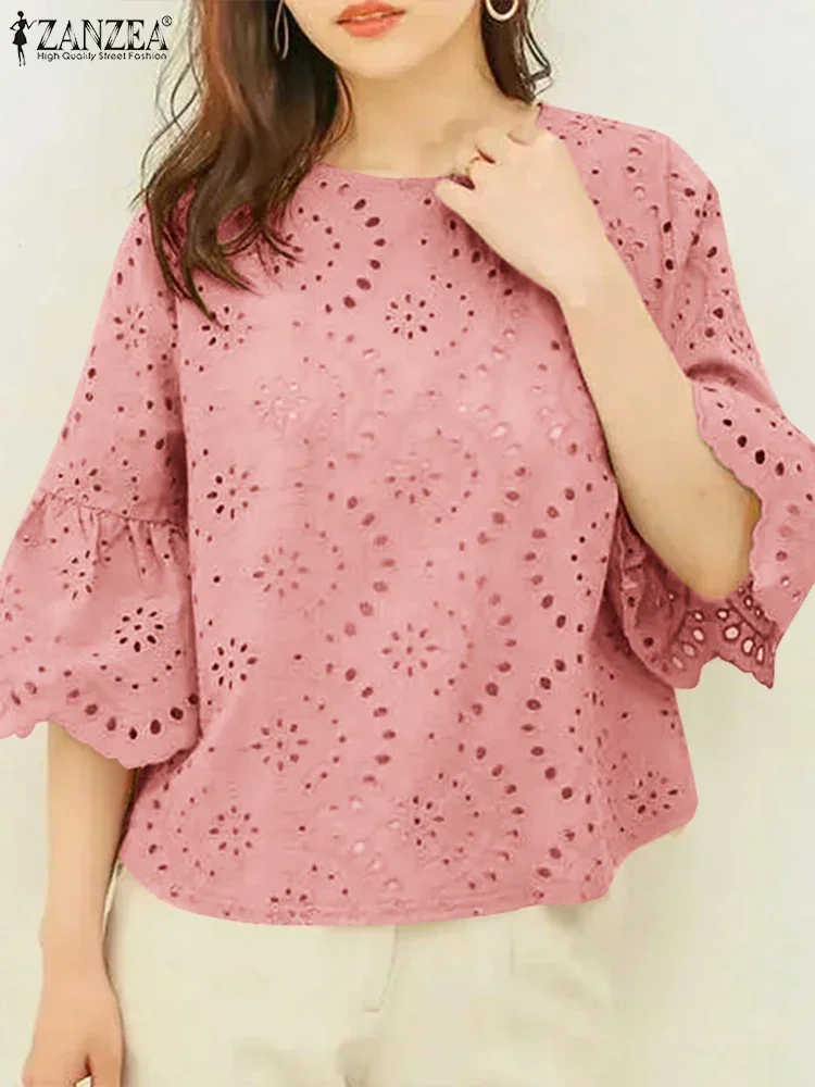 Camicetta elegante da donna in pizzo all'uncinetto 2025 ZANZEA Top estivi femminili Camicia da vacanza da lavoro OL Top Elegante manica a 3/4 Patchwork Blusas