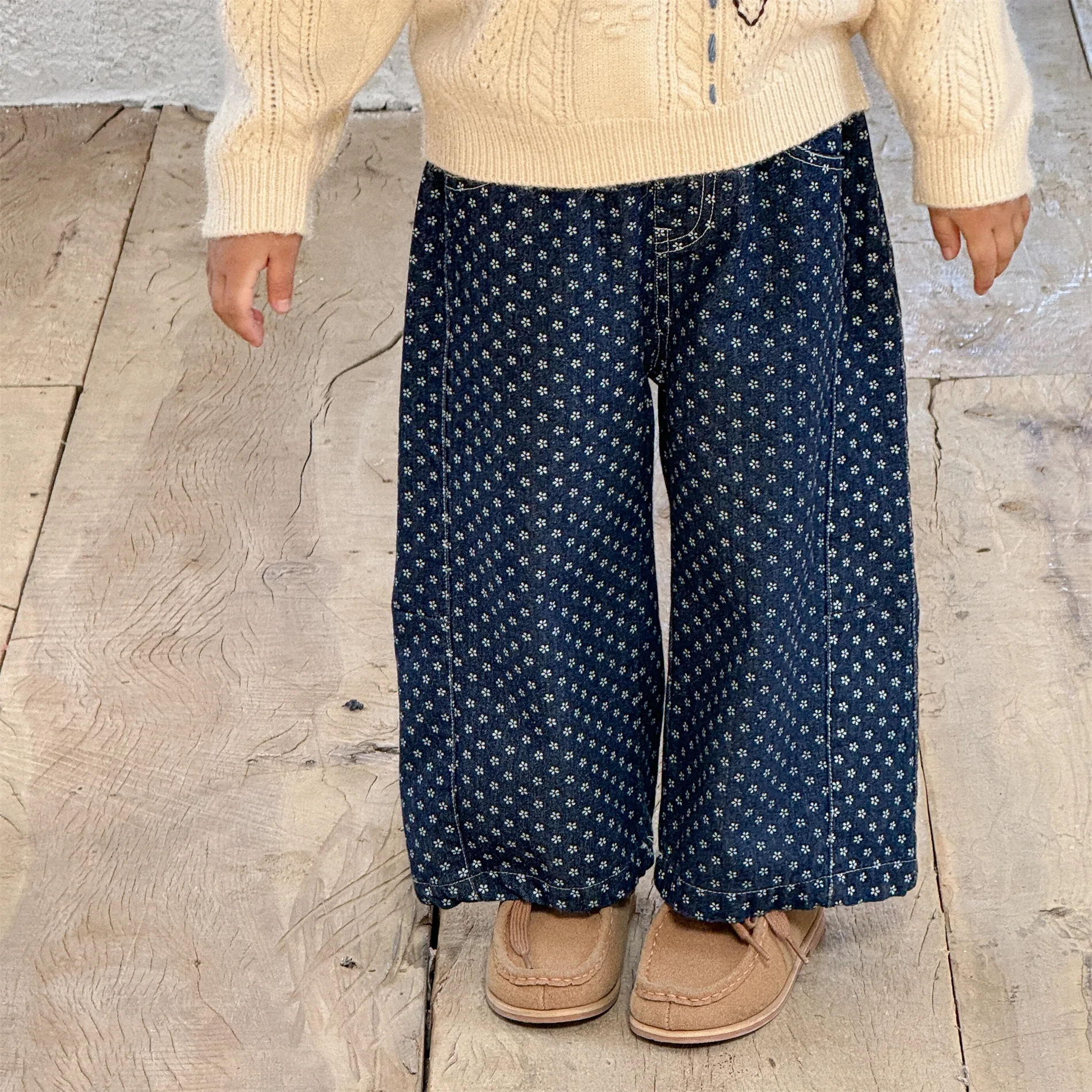 

Girls Pants 2025 Autumn New Product Korean Version Straight Tube Versatile Western Style Floral Wide Leg Pants