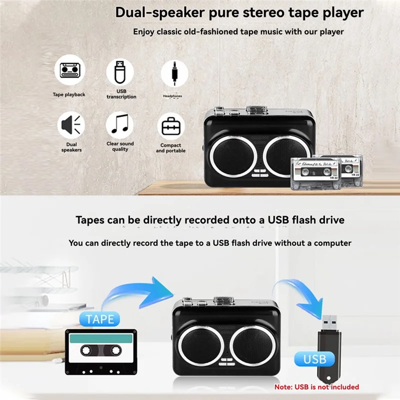 デュアルスピーカー付きフルカセットテーププレーヤー USB音楽テープからMP3コンバーターへの変換 プラグアンドプレイカセットプレーヤーコンバーター