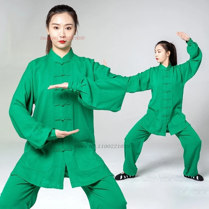 

2024 traditional tai chi kungfu training exercise tops+pants set vintage cotton linen martial arts practice performance clothes