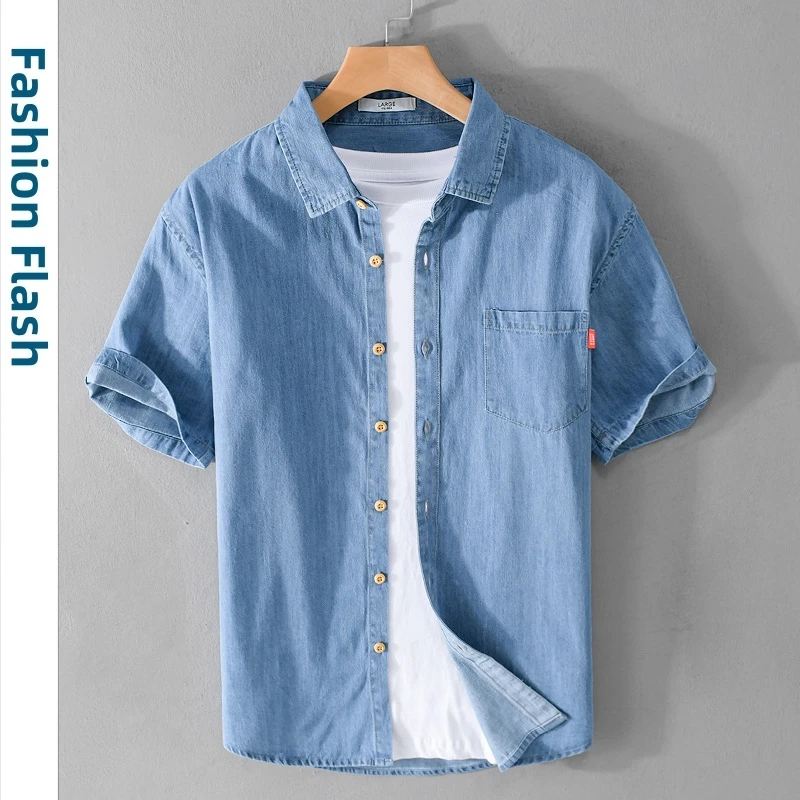 2024 Summer Casual Short Sleeve Denim Shirt Men Clothing Pure 100% Cotton Thin Soft Streetwear Mens Shirts Camisa Masculina