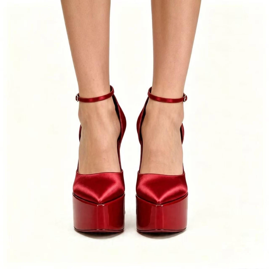 Women Satin Pointed Toe Platform Pumps Ankle Strap Flared High Heels OutSole Evening Wedding Party Formal Fashion Dress Footwear