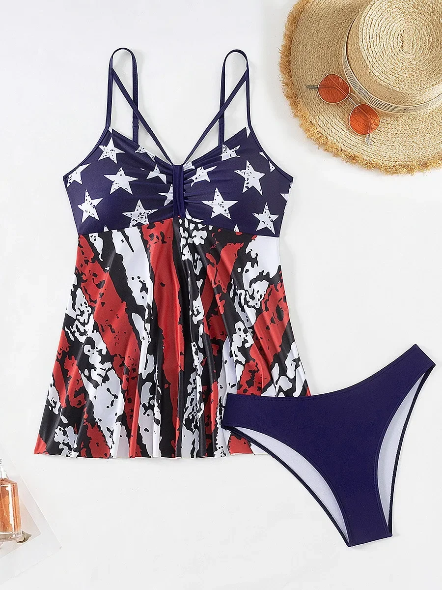 Women's 2-piece Tankini Swimsuit 2024 Summer New Beach Vacation Sling Backless Bikini Dark Blue American Flag Style Bathing Suit