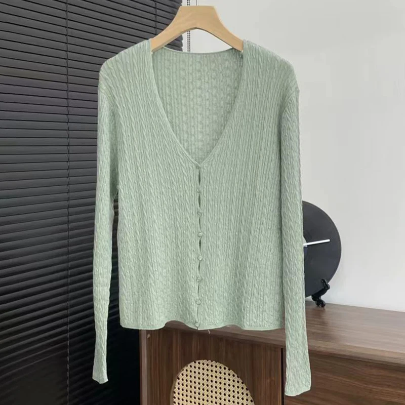 여성용 가디건 신상 신축성 니트 V넥 긴팔 가을 2025 싱글 슬림 얇은 코트 울 혼방 스웨터