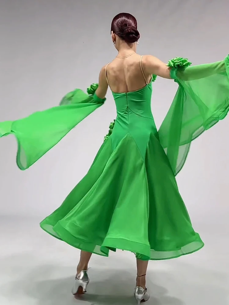 Ballroom Dans Jurk Vrouwen Zomer Standaard Moderne Dans Outfit Groene Dansvoorstelling Jurken Wals Competitie Kostuums 2409
