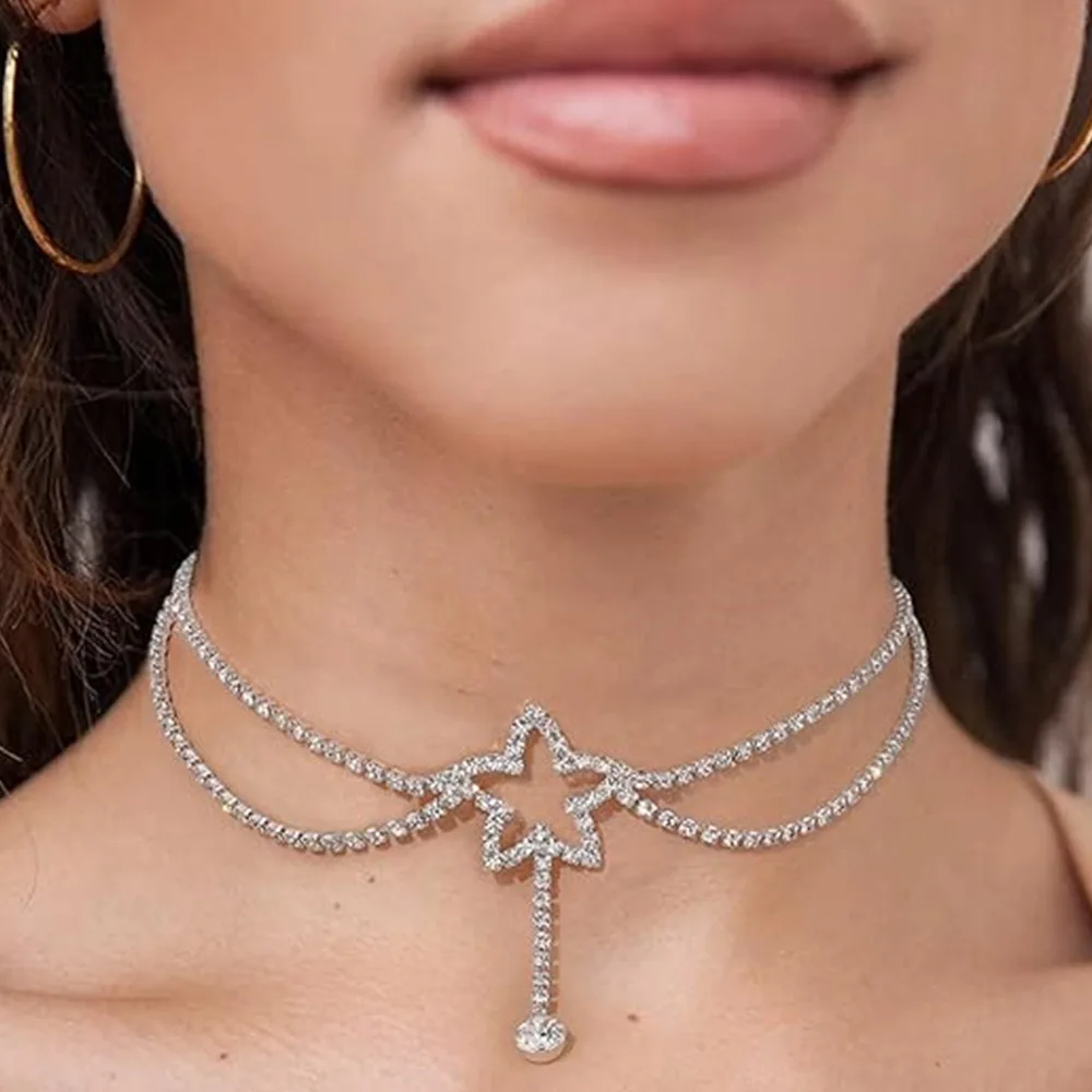 

Sparkly Silver Pentagram Necklace Crystal Choker Pendant Tennis Chain Wedding Bridal Bridesmaid Jewelry for Women and Girls