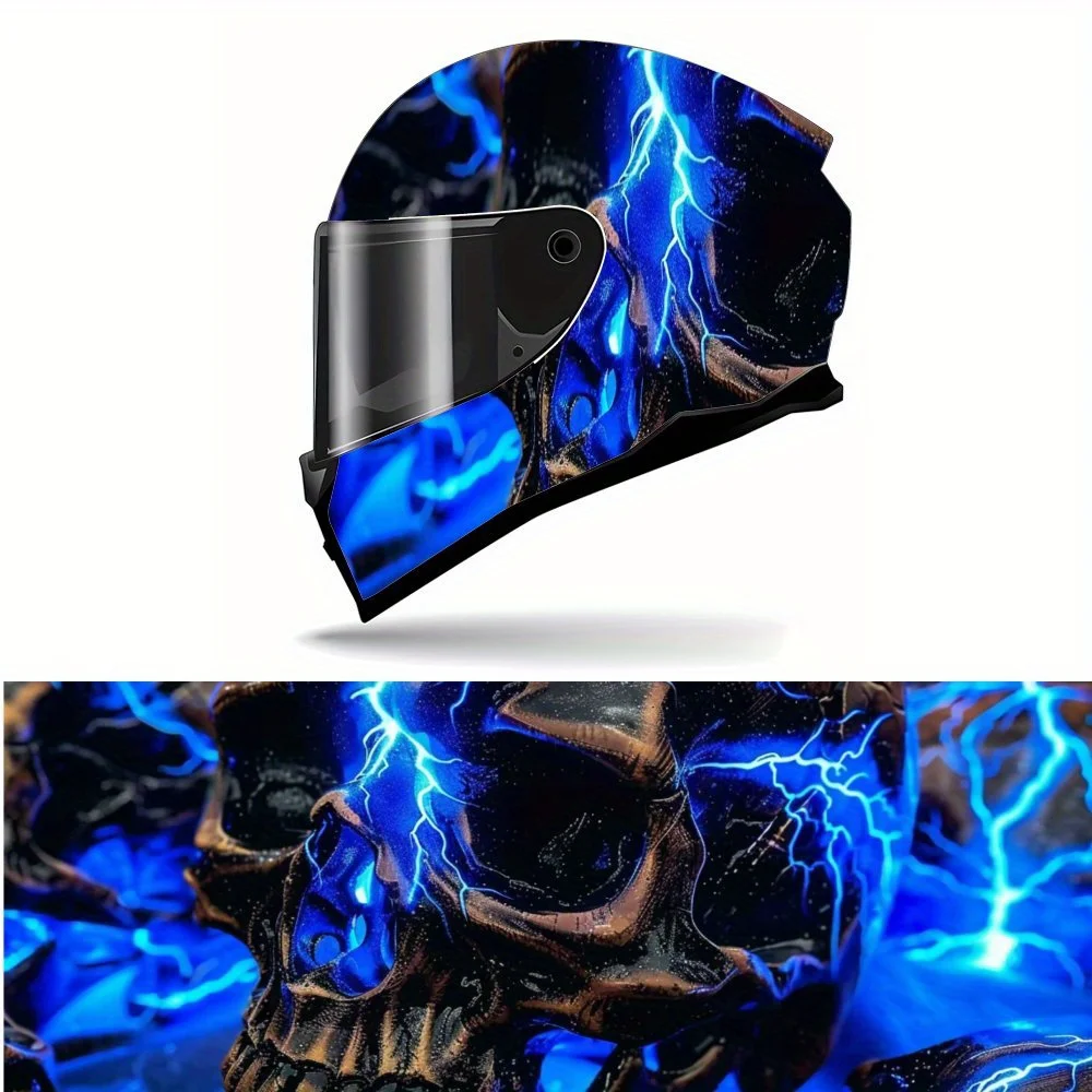 Blue Lightning Skull Design Full Face Helmet Painting Sticker - Waterproof, Scratch Resistant Self Adhesive PVC Patch for Motorc