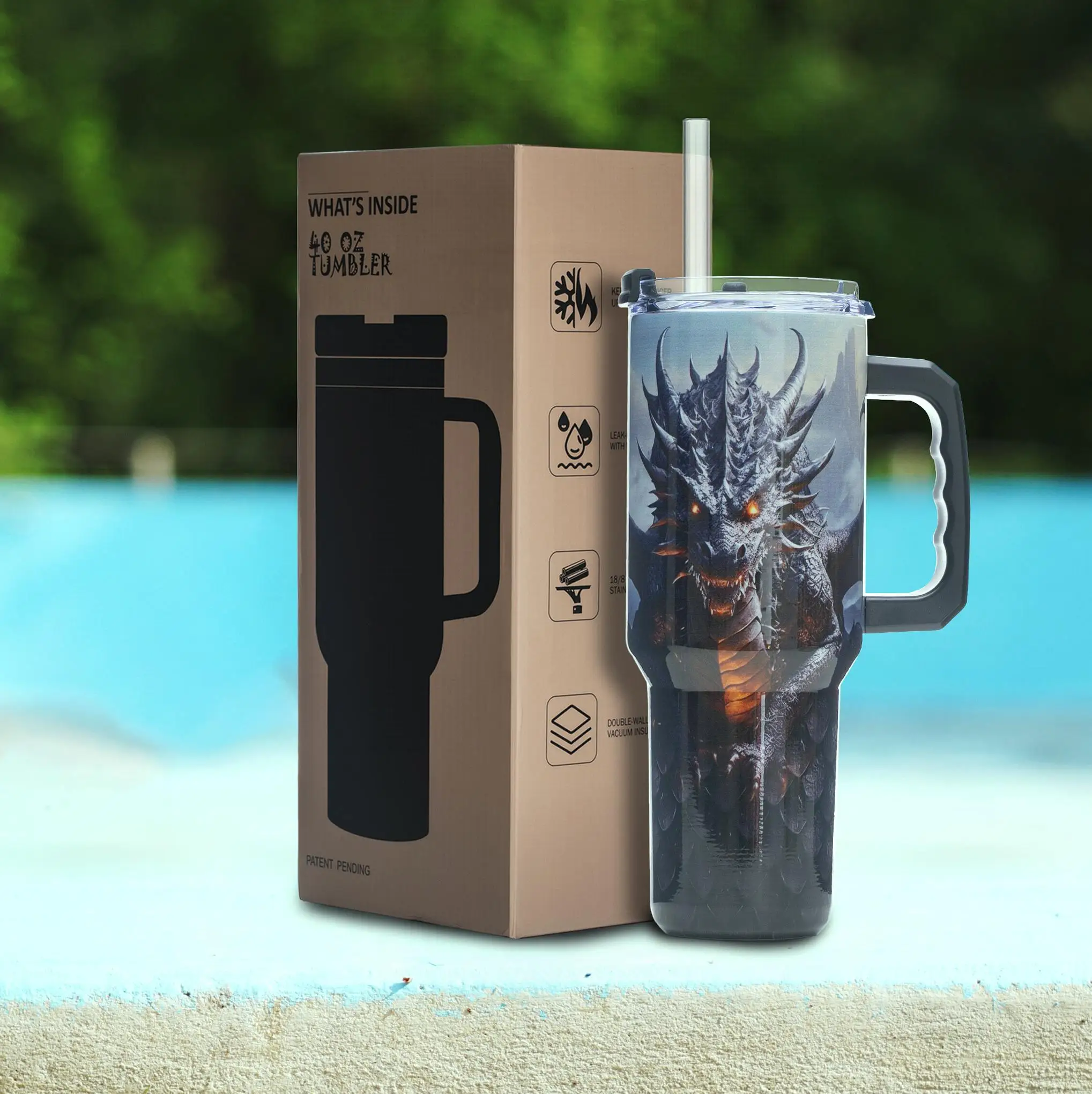 

Стакан из нержавеющей стали на 40 унций с 3D-дизайном дракона, вакуумной изоляцией, ручкой и широким горлышком, подарок для любителей фэнтези