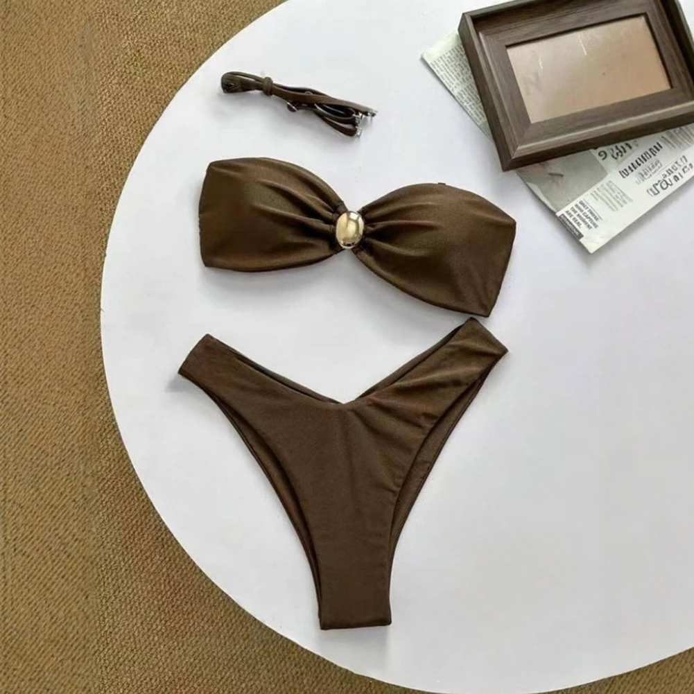 Elegant Solid Off Shoulder Women’s Sexy Bikini Set Tight Fitting Swimsuit Ladies High Elastic Split Bikini Swimwear