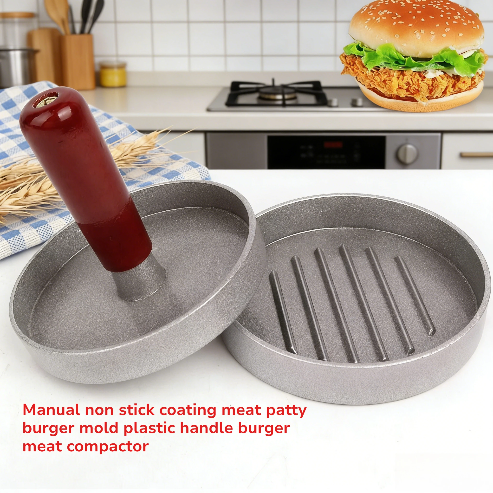 Prensa Manual Antiaderente para Hambúrgueres e Bifes com Cabo de Plástico - Compactador de Carne para Hambúrgueres
