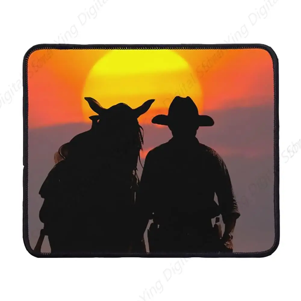 Alfombrilla de ratón con patrón de atardecer vaquero, adecuada para juegos, oficina, portátil, accesorios de escritorio, alfombrilla de ratón con borde bloqueado, 18x22cm