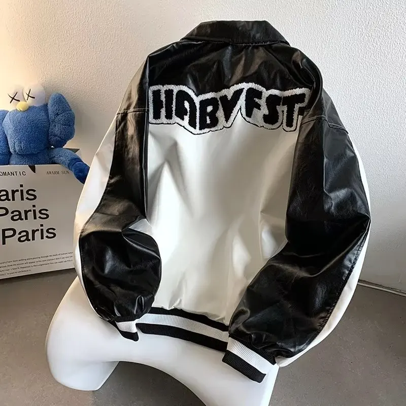 

American Retro Love Letter Towel Embroidery Baseball Jaet Men's BF High Street Couple's Motorcycle PU Leather Patchwork Col...