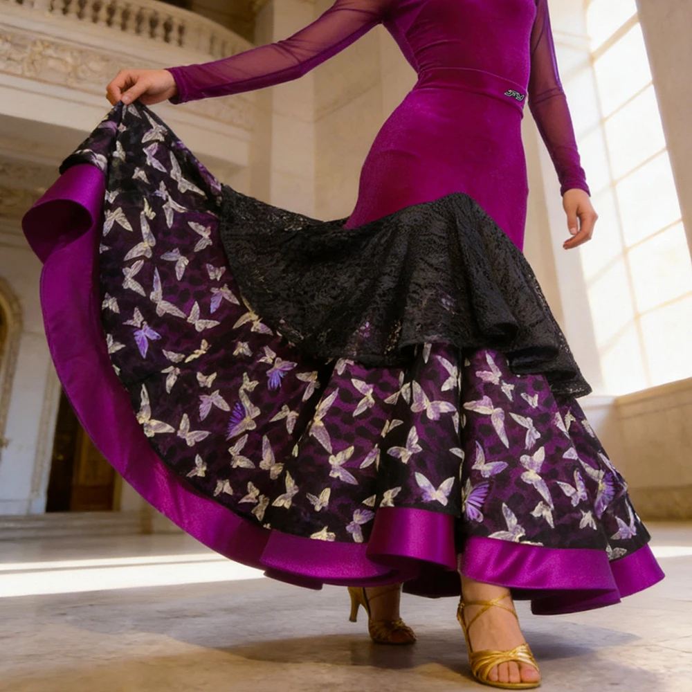 

Women's Ruffled Floral Print Modern Dance Skirt High Waist Ballroom Salsa Tango Practice Performance Waltz Lace Skirt