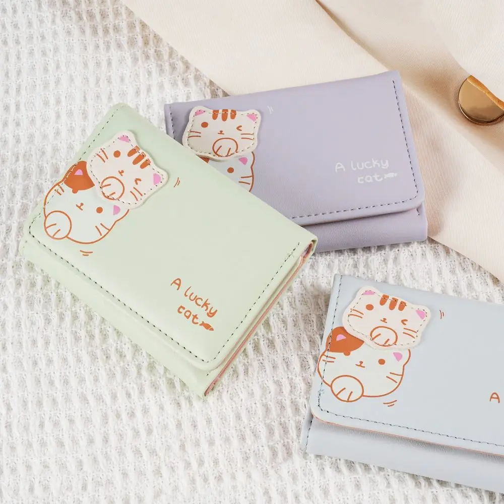 Mini Portfelik Krótki w Jednolitym Kolorze z Kreskówkowym Kotem w Stylu Koreańskim, Portmonetka na Monety ze Skóry PU, Kieszonka na Karty, Kopertówka, Śliczna Torebka na Karty Damska
