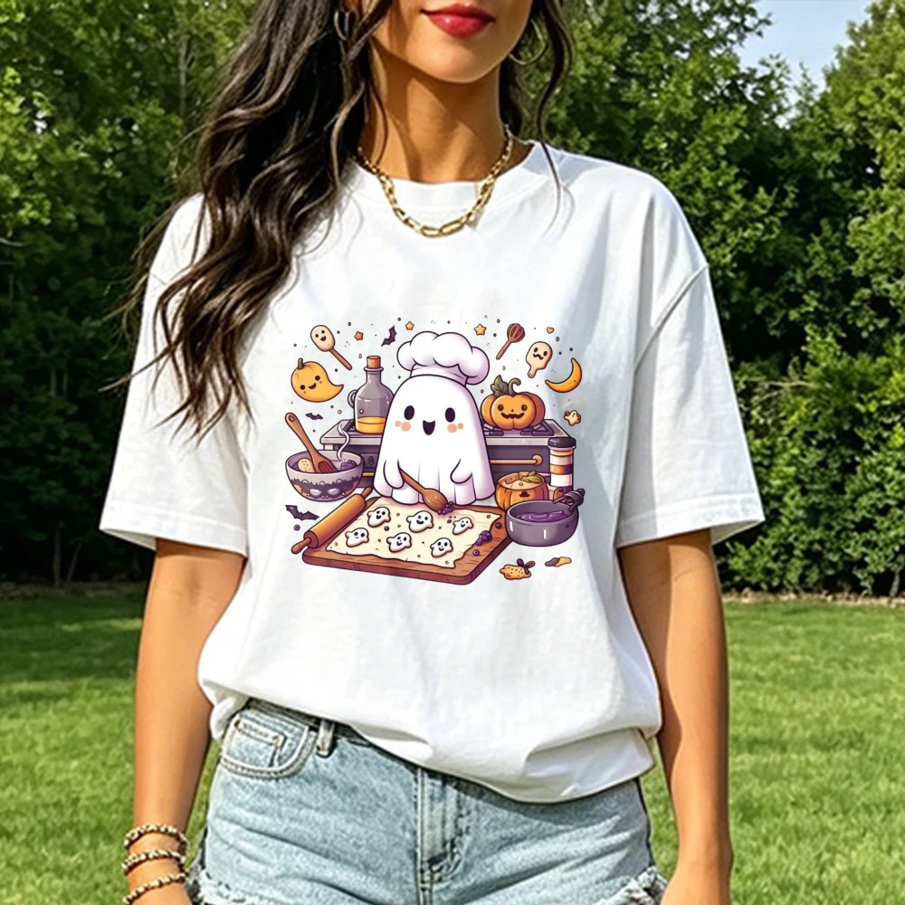 Cute Ghost Chef Baking Halloween Cartoon Print Unisex Cotton T-Shirt Chef Baking Casual Funny Kawaii Harajuku Streetwear Top Tee