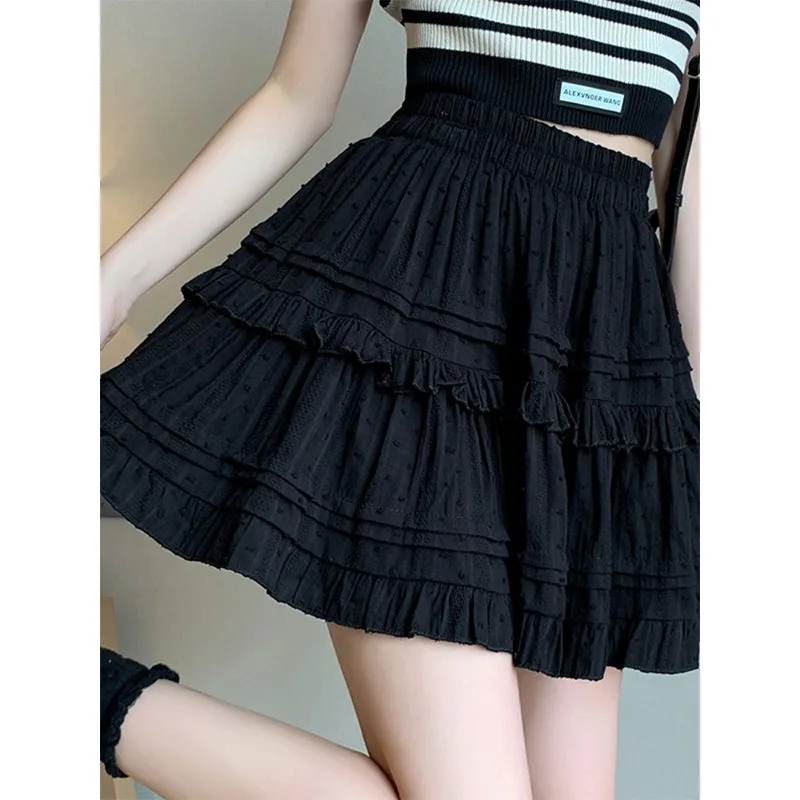 Sweet Cute Lace Mini Skirt Women Kawaii White Ruffles Pleated Short Skirts Woman 2025 Summer Korean High Waist A Line Skirts