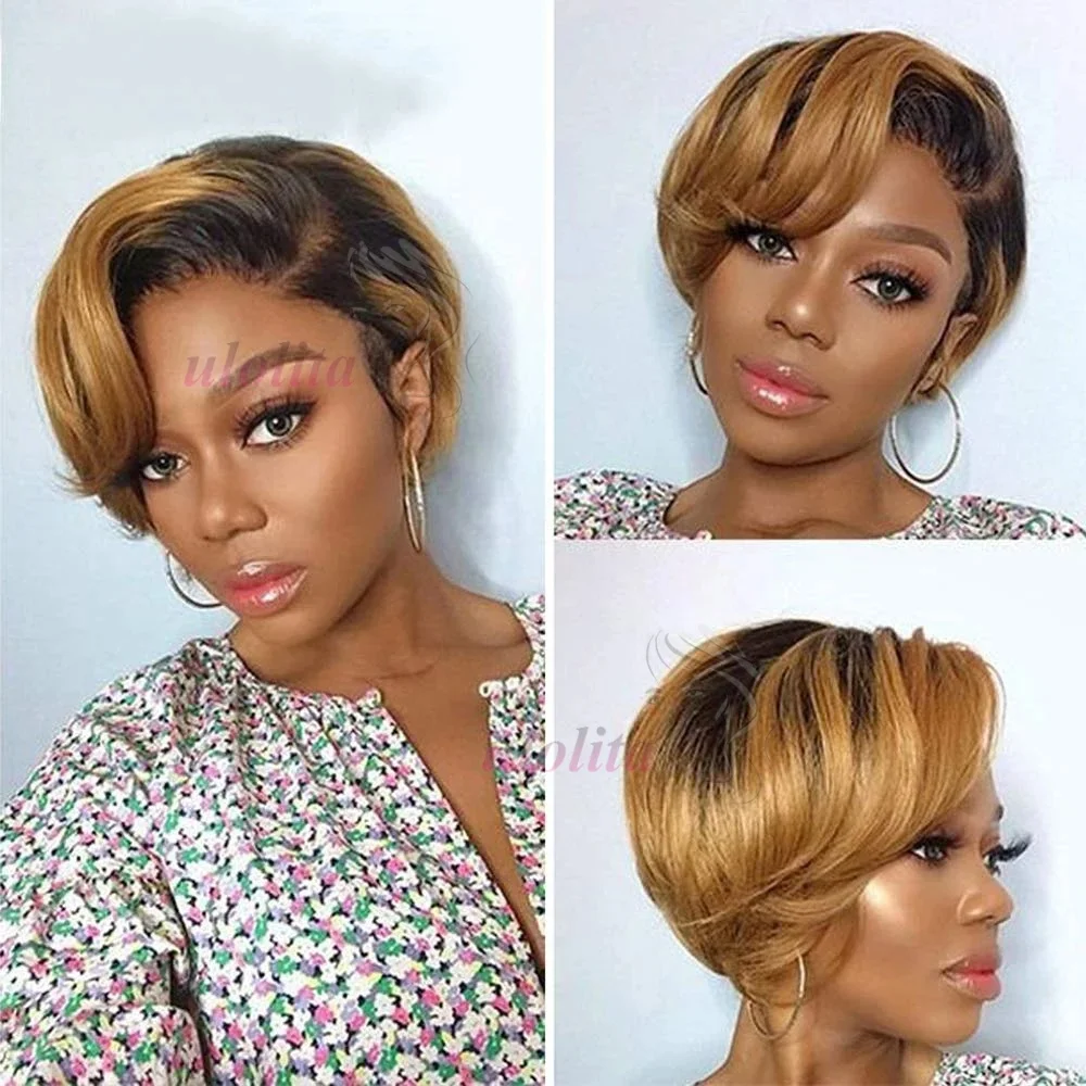 1B 30 Blonde Kurze Bob-Pixie-Cut-Perücke, glattes Echthaar, transparente Spitzenperücke für schwarze Frauen, gerade kurze Bob-Perücke, 150% Dichte – Detail 6