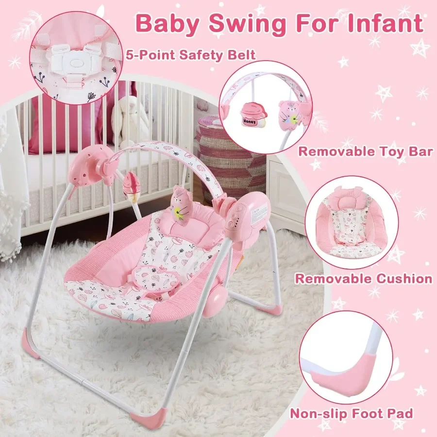 Balanço infantil dobrável rosa para meninas de 0 a 9 meses com música, 5 níveis de velocidade, configuração de tempo, almofada macia, uso interno e externo