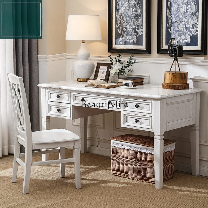 4*Ash wood American desk solid wood Nordic white old simple drawer table computer desk desk