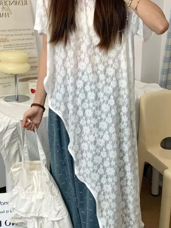 เสื้อคลุมลูกไม้หลวมๆ สไตล์อเนกประสงค์สำหรับฤดูร้อน ดีไซน์เก๋ไก๋แบบไม่สมมาตร แขนยาว ทรงหวาน คอวี