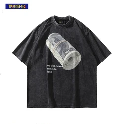 Vintage Tshirt Men Streetwear Hip Hop Bundle of Banknotes Print Distressed T-Shirt 2022 Harajuku Summer Cotton Washed Tshirt