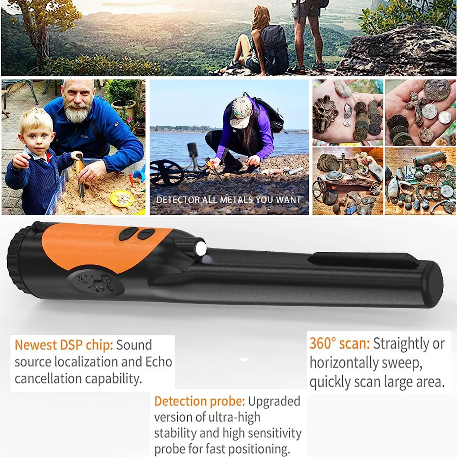 Hot Sale Black And Orange Pin Metal Detector Wholesale Professional Underground Gold Detector Helper Full Waterproof Pinpointer