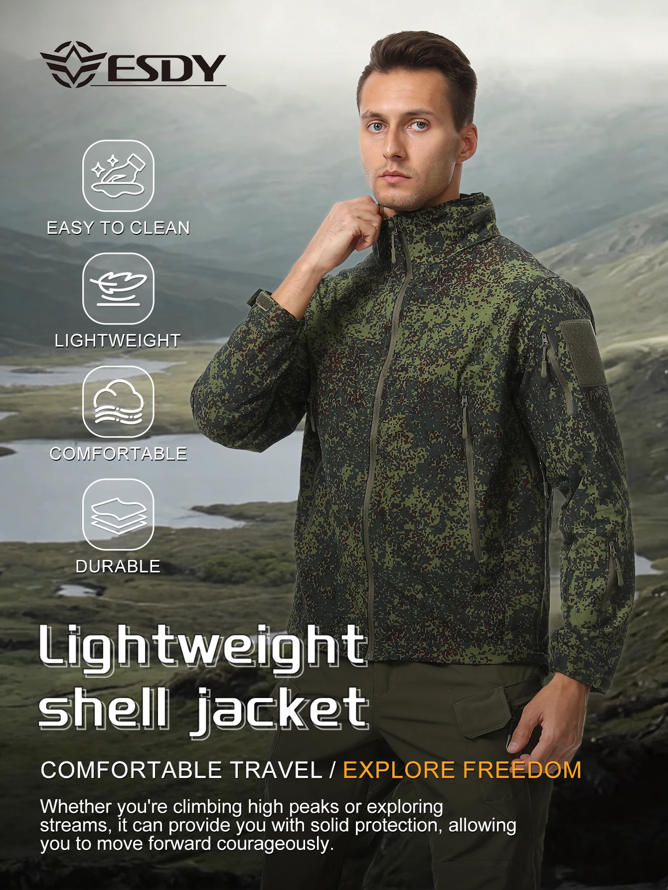 Esdy Men's Lightweight Outdoor Jacket Spring/Summer Sports Jacket with Practical Zipper Pockets and Hidden Hood