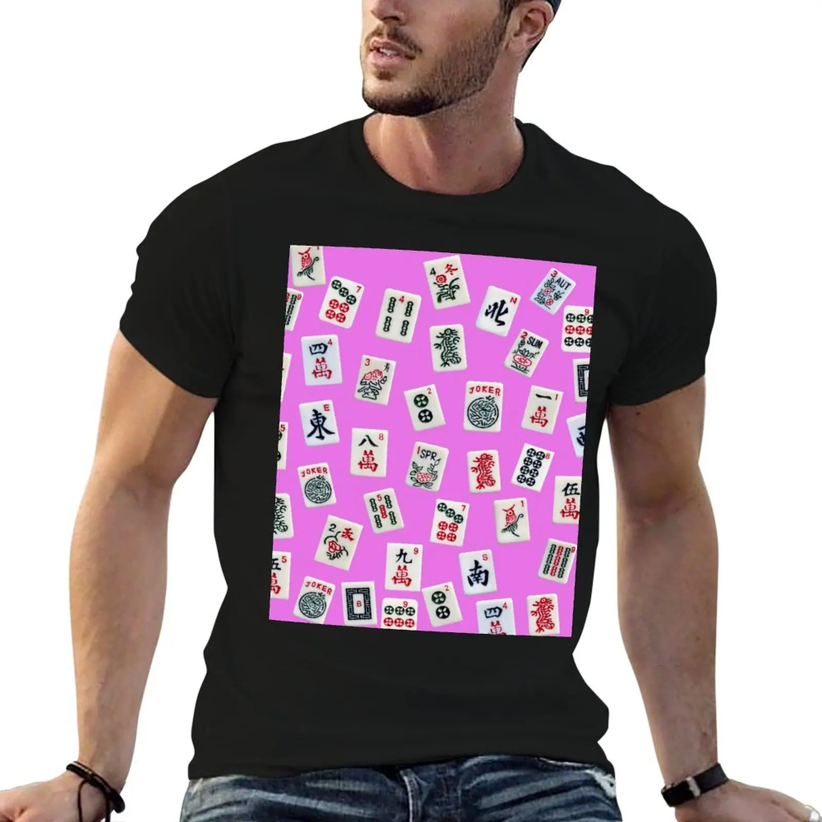 Mahjongg game tiles design on pink color T-Shirt baggy shirts designer shirts t shirt for men