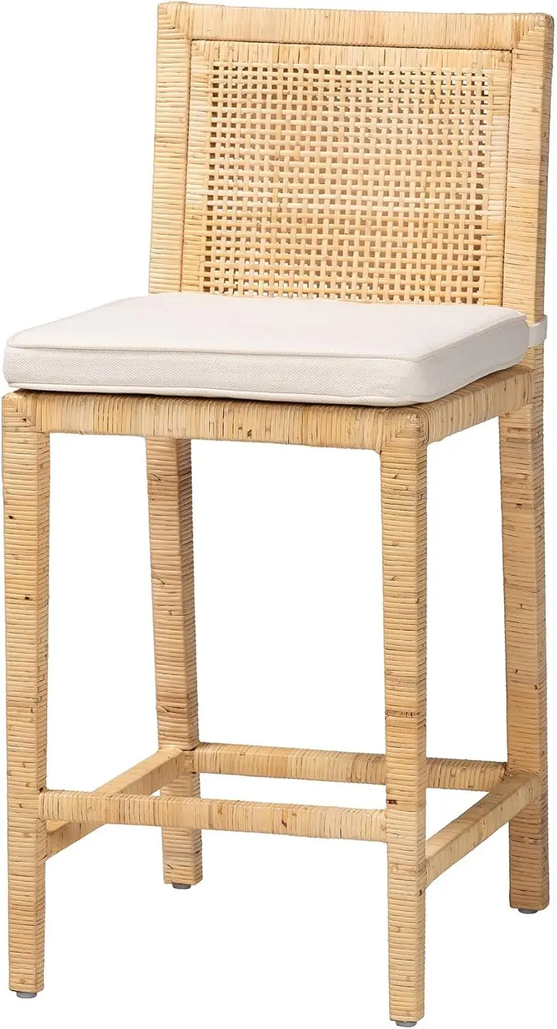 

Handwoven Rattan Counter Stool with Mahogany Frame, Removable Cushion, Light Honey Finish, Footrest