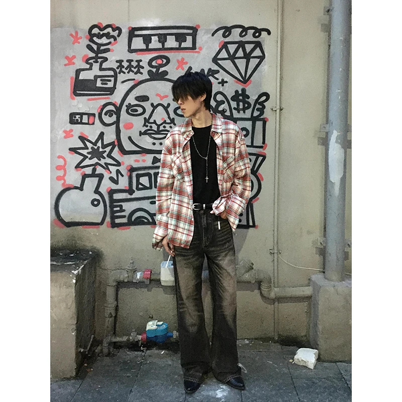 Red Plaid Long Sve Men's Casual irt Vintage American Sle Premium Feeling Cool Cheered irt Loose Fit Polyester Fiber