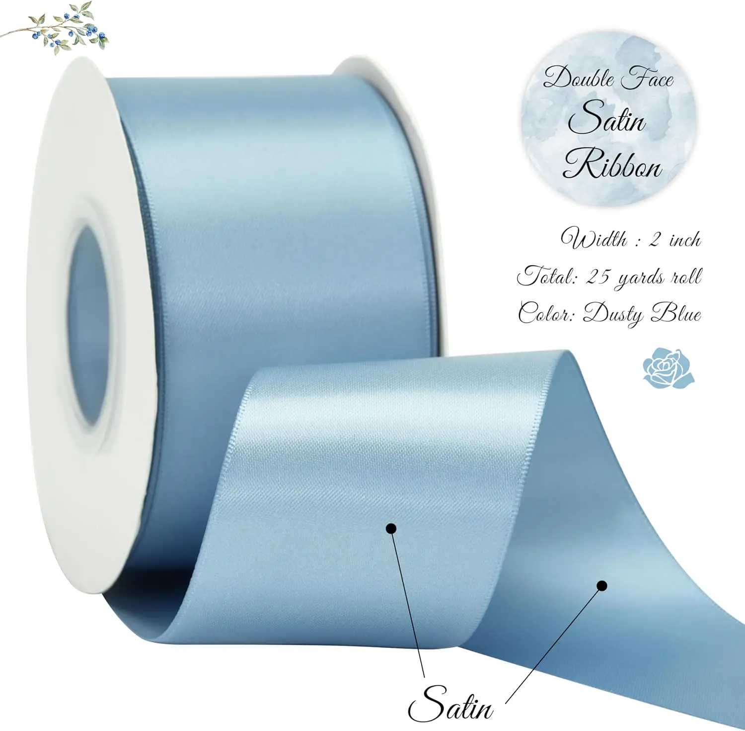 Dusty Blue Ribbon 2 Inch Double Face Satin Ribbon Thick Blue Ribbon for Wedding Bridal Bouquet Crafts Party Decorations - 25Yd