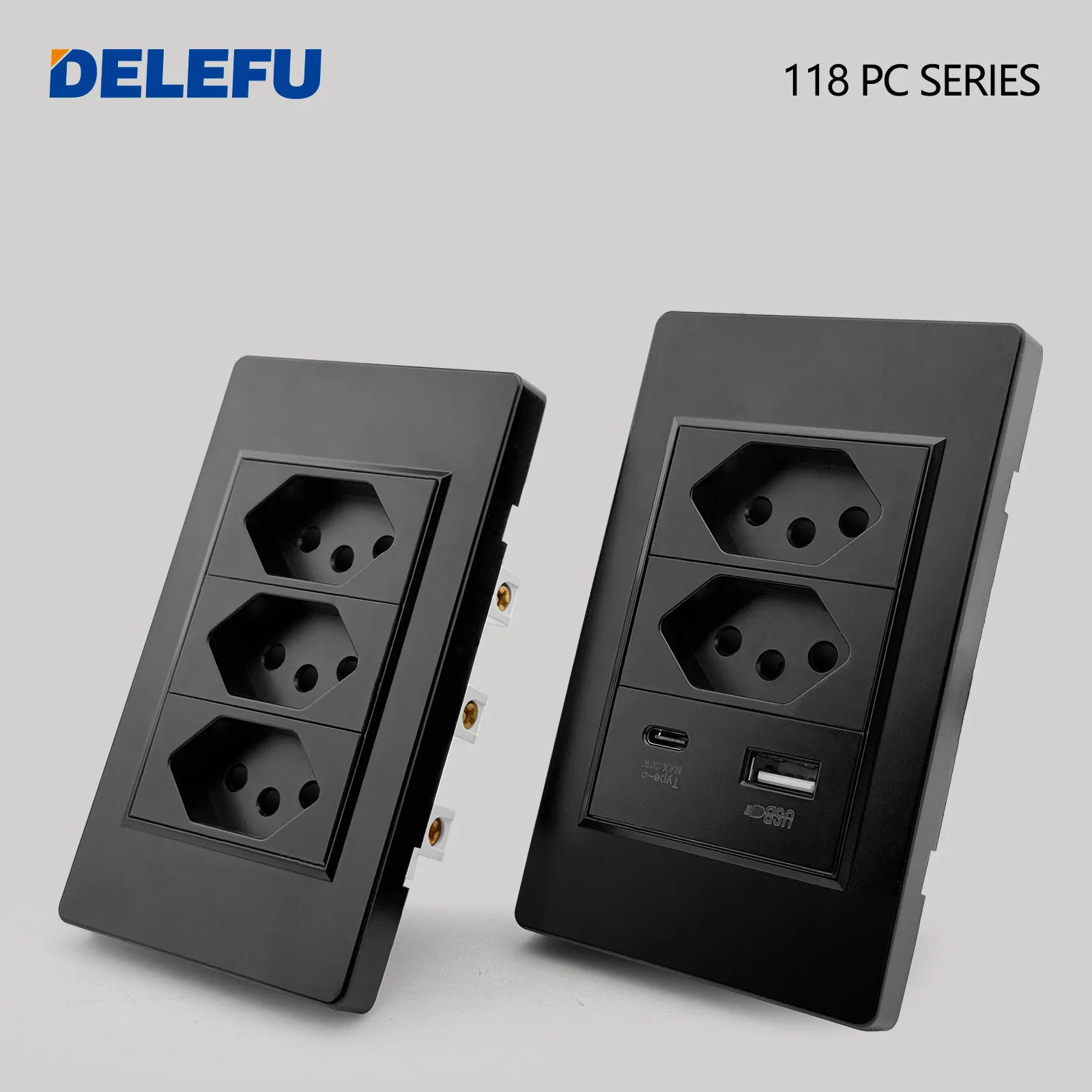 Tomada de Parede DELEFU com Painel PC Antichamas Padrão Brasileiro, Carregamento USB Duplo Tipo C, Interruptor de Luz e Plugue Elétrico 10A 20A - Preto