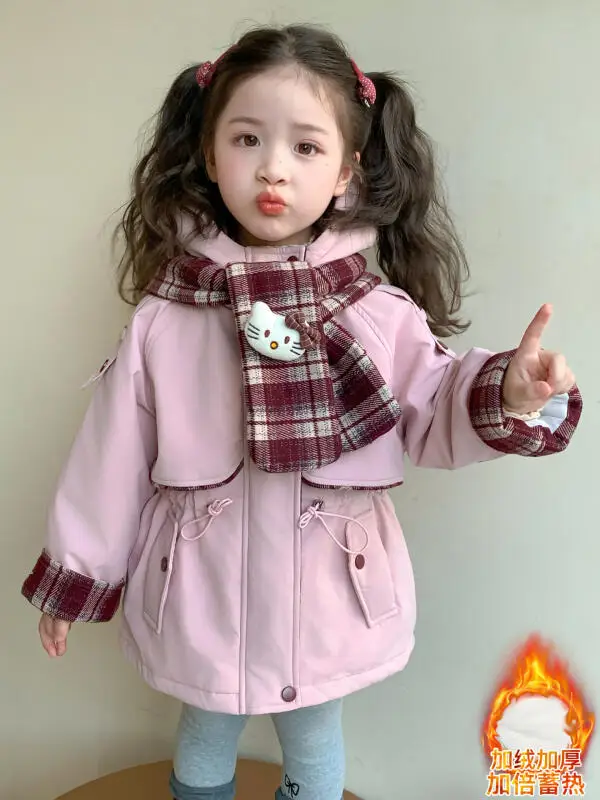 

Бархатная куртка для девочек Hello Kitty, зима 202, новинка Sanrio, детская одежда, стильная одежда из плотного хлопка для маленьких девочек, бесплатный шарф