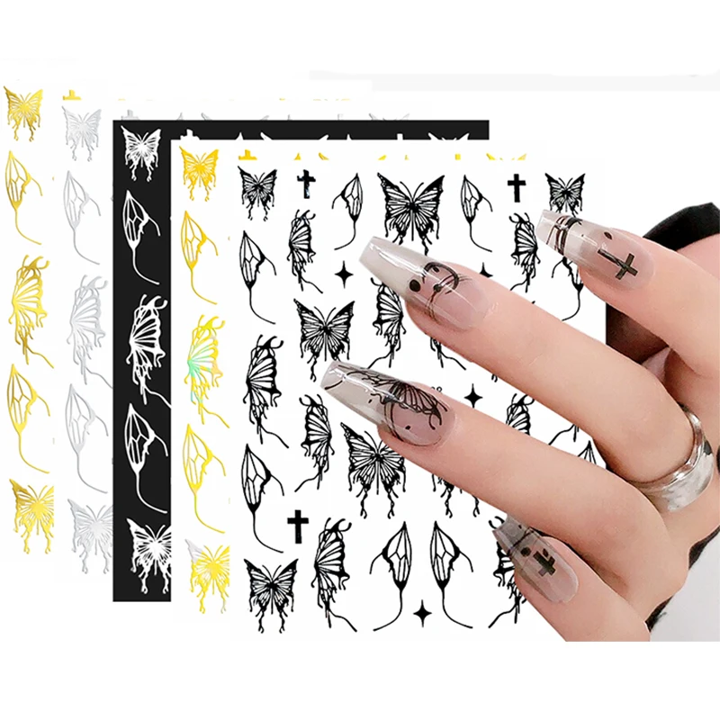

4/6/12Pcs Hollow Out Butterfly Nail Stickers Holographic Gold Silver Bronzing Sliders 3D Nail Art Decals Manicure Decoration
