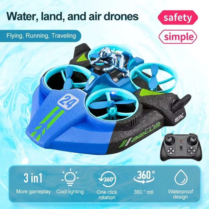 Land sea and air three-in-one remote control aircraft unmanned helicopter speedboat, drift car, amphibious hovercraft toy