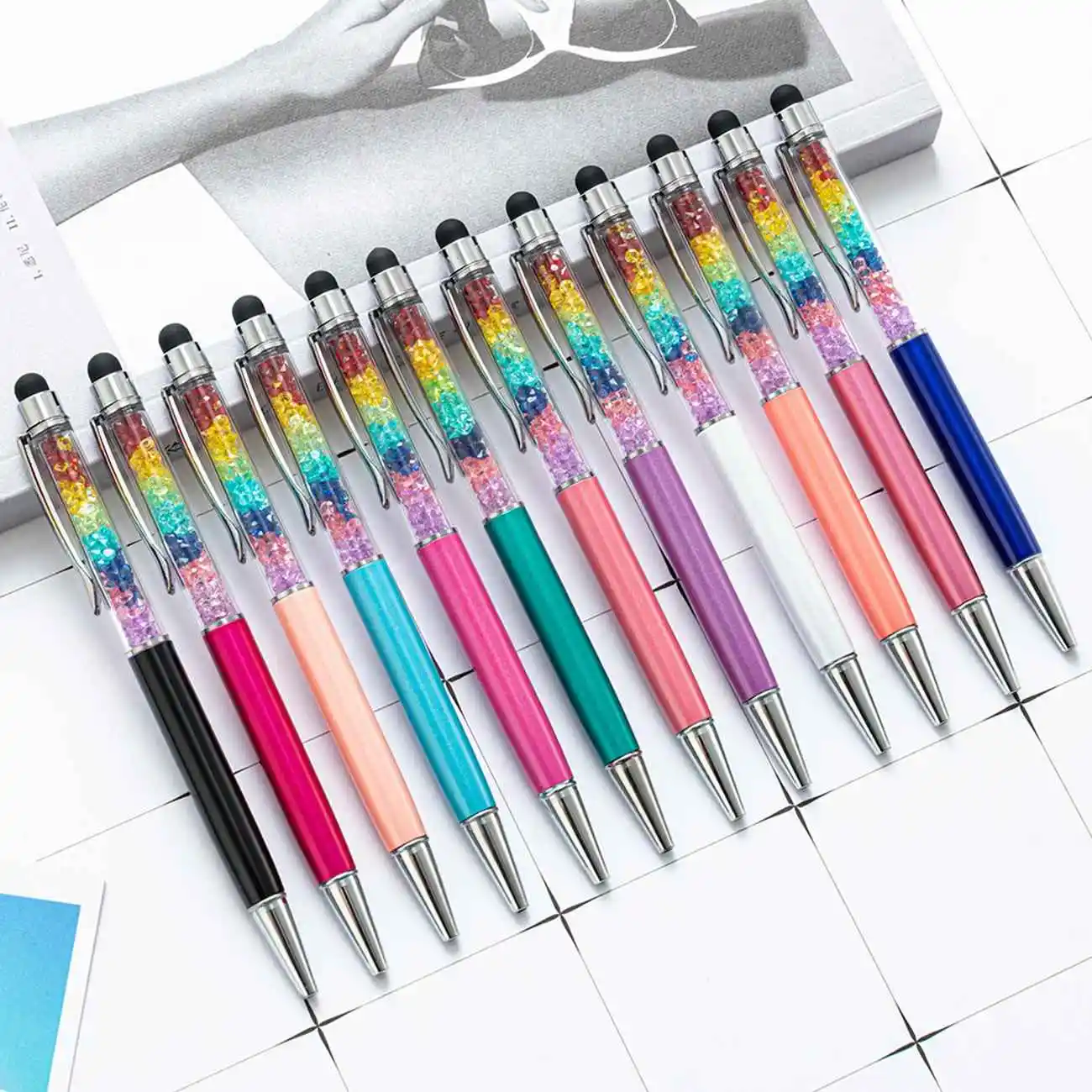 5Pcs 2 In 1 Colorful Stylus Crystal Diamond Rainbow Ballpoint Pen Stationery Office School Ballpen Novelty Free Customized Logo