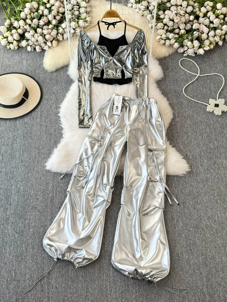 

Silver laser top with work pant outfi high-end two-piece set for autumn cool women's Two Piece Sets wear 2025 New