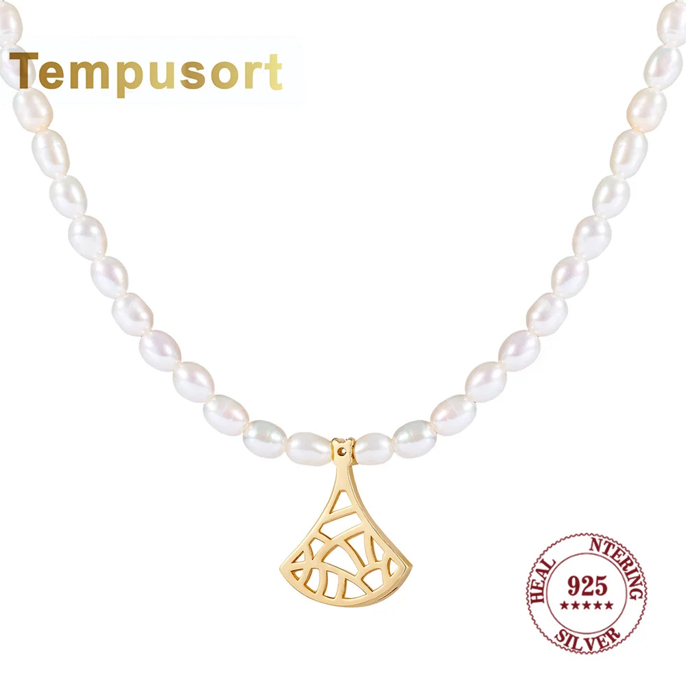 

Tempusort ожерелье из стерлингового серебра 925 пробы в винтажном стиле с пресноводным жемчугом и золотым полым веером, элегантные ювелирные изделия для женщин