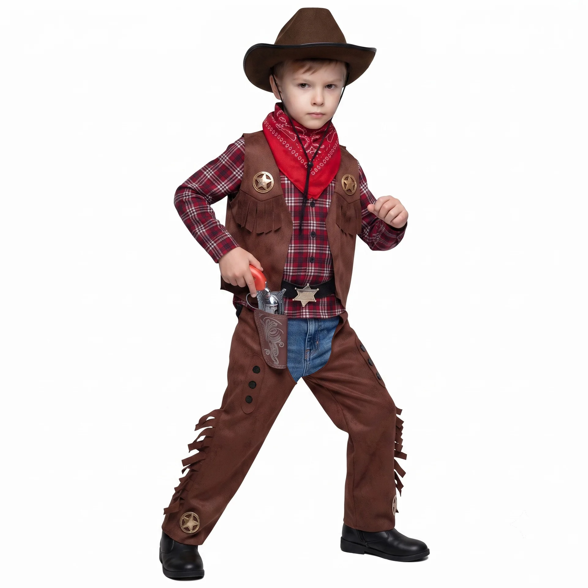 2026 Retro Western Cowboy Cosplay Costume Brown Fringe Vest Bandana Cowboy Hat Set Wild West Kids Halloween Purim Costume