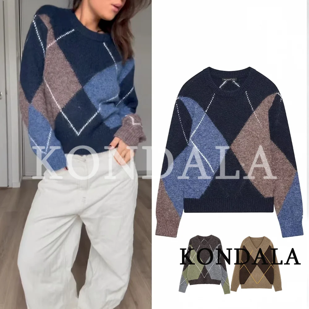 KONDALA Trendy Casual Contrasting Sweater Women Elegant Rhombus Knitted Sweater 2026 Fall Fashion Holidays Chic Female Sweater