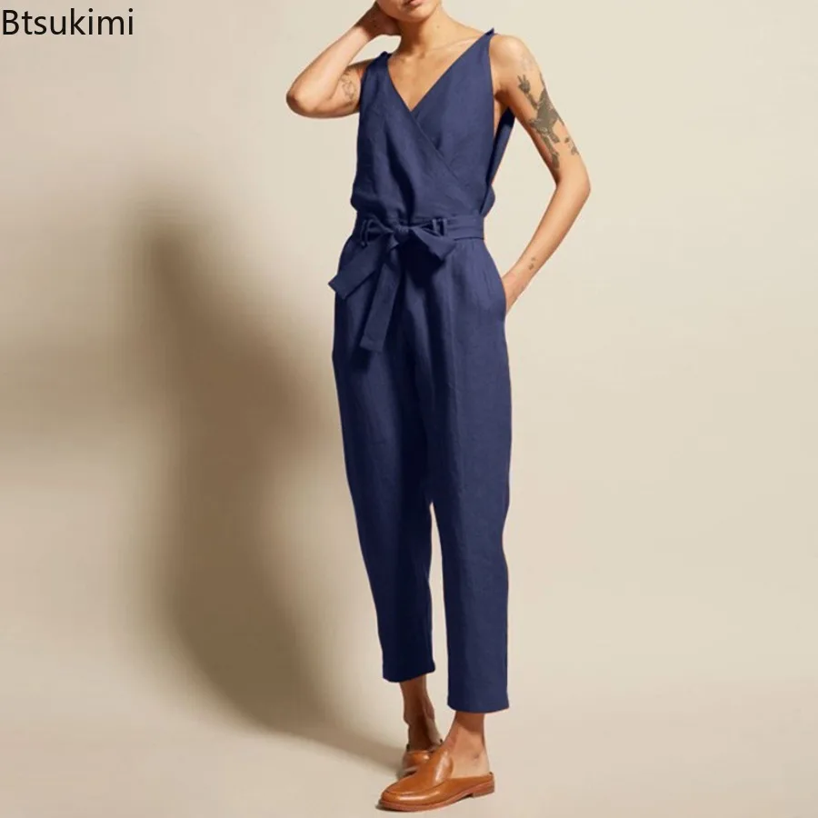 2025 Summer Women Fashion Sleeveless Solid Simple Loose Jumpsuits Women's Elegant Office Comfortable Trousers New Long Jumpsuit