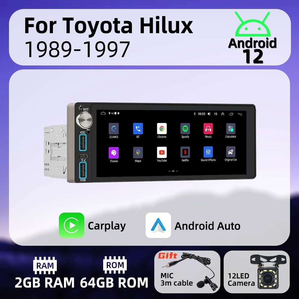 

Carplay 1-диночное радио Android автомобильное мультимедиа для Toyota Hilux 1989-1997 6,86-дюймовый экран стерео головное устройство авторадио GPS-навигация