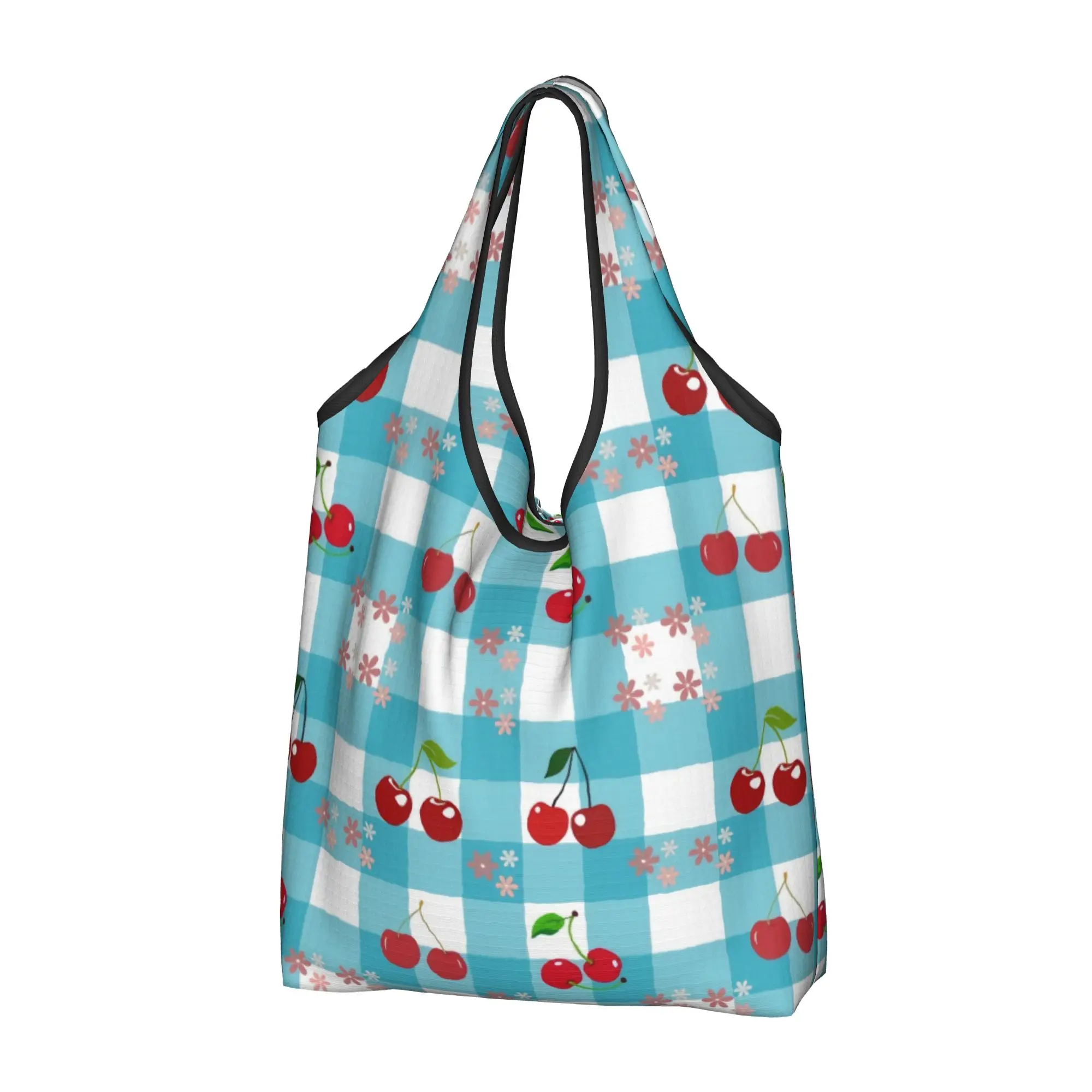 Recycling Cherries on a Turquoise Shopping Bag Women Tote Bag Portable  Groceries Shopper Bags