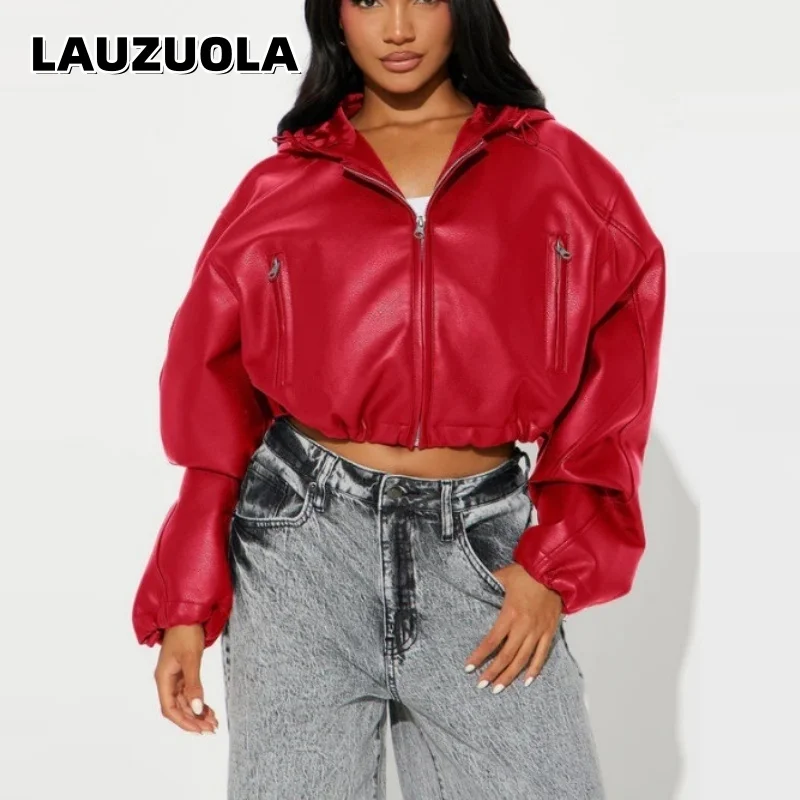 Women Faux Leather Hooded Crop Jacket Oversized Long Sleeve Zipper Pockets Short PU Leather Coat Streetwear Cropped Outerwear