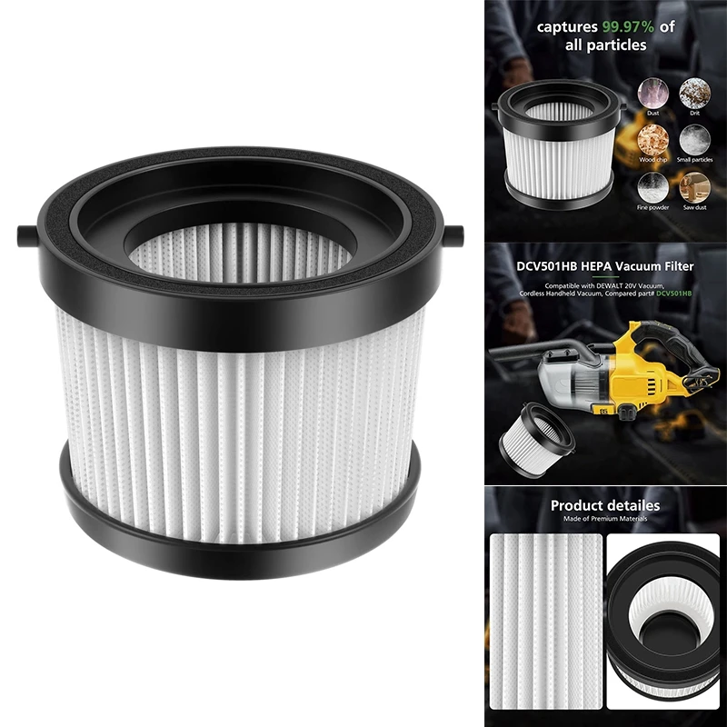 2Pcs HEPA Filter Replacement Filter For DEWALT DCV501HB 20V Cordless Handheld Vacuum, With Black Gasket, Part DCV5011H